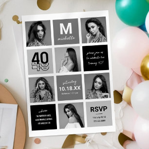 Convite de Aniversário de 40 Anos Chic Preto Cinza