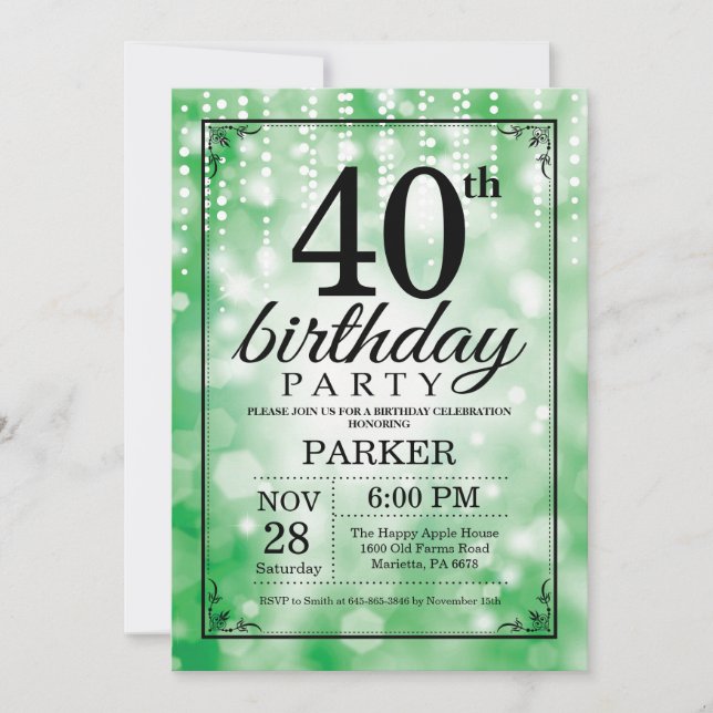 Convite de Aniversário de 40 anos com Brilho Verde (Frente)