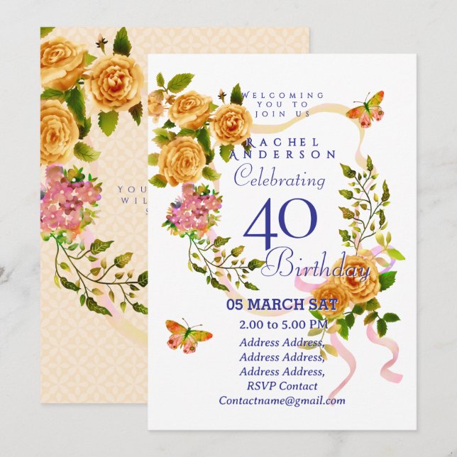 Convite de Aniversário de 40 anos com Fita de Rosa (Frente/Verso)