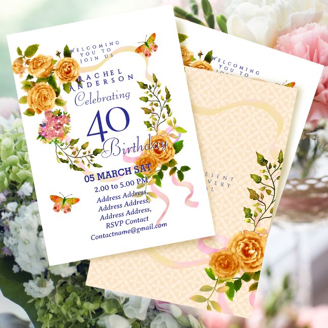 Convite de Aniversário de 40 anos com Fita de Rosa (Gold Rose Ribbon 40th Birthday Invitation)
