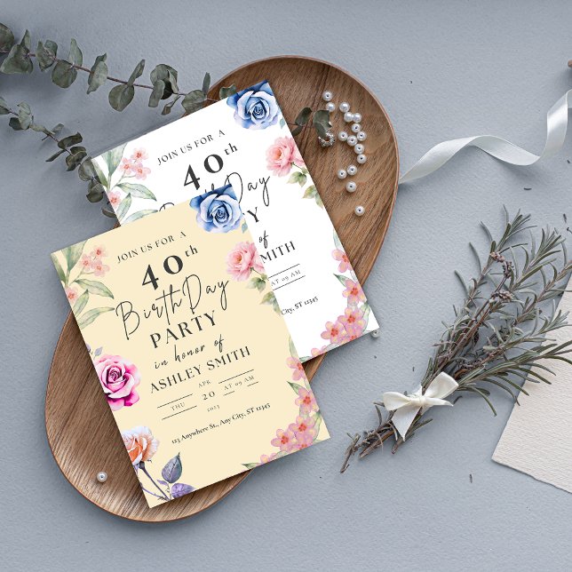 Convite de Aniversário de 40 anos com Floral Aquar (Criador carregado)