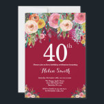Convite de Aniversário de 40 anos com Floral Burgu<br><div class="desc">Convite de Aniversário de 40 anos com Floral Burgundy para Mulheres. Floral Aquarela. Fundo Burgundy. Flor Rosa, Amarela, Laranja, Roxa. Aniversário Adulto. 13 15 16 18 20 21 30 40 50 60 70 80 90 100, Qualquer Idade. Para personalização adicional, clique no botão "Personalize" e use nossa ferramenta de design...</div>