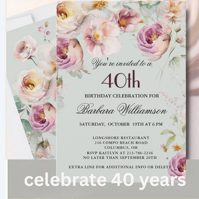 Convite de Aniversário de 40 Anos com Floral Pinta (Criador carregado)