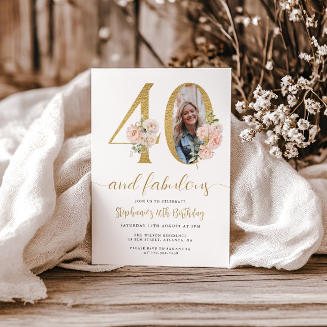 Convite de Aniversário de 40 Anos com Foto Floral  (Criador carregado)