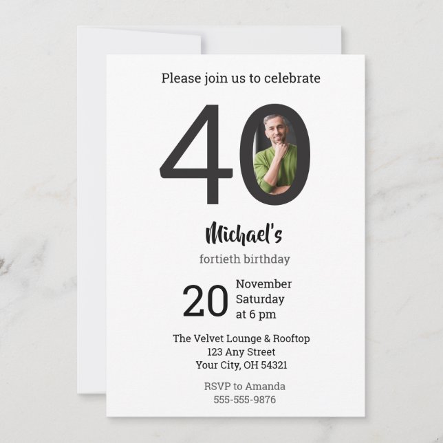 Convite de Aniversário de 40 Anos com Foto Minimal (Frente)