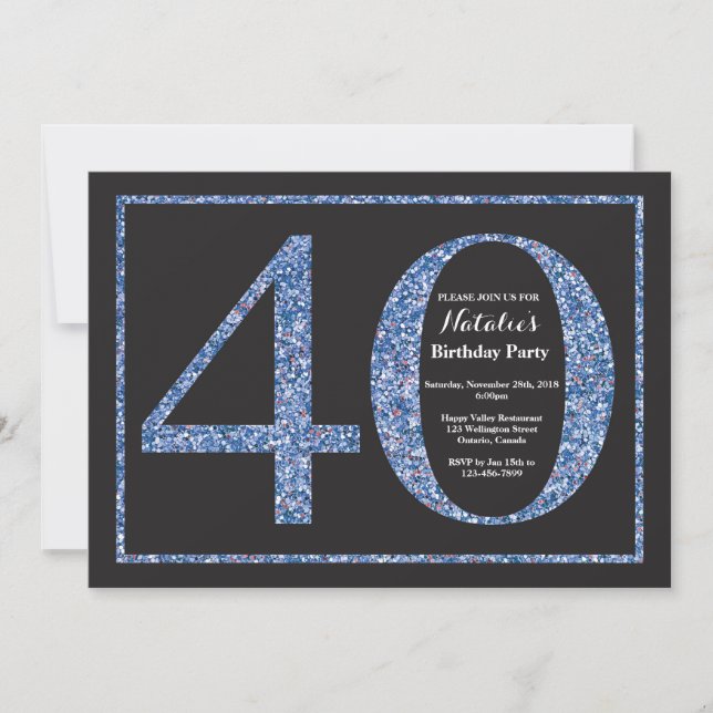 Convite de Aniversário de 40 anos com Glitter Azul (Frente)