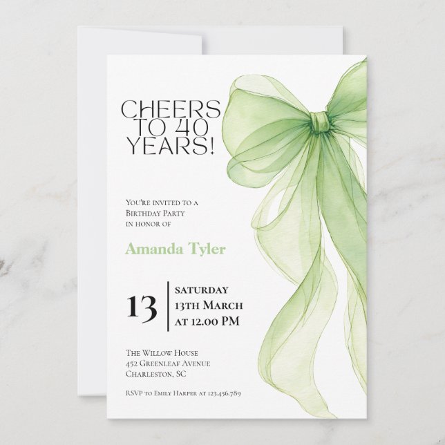Convite de Aniversário de 40 Anos com Laço Verde O (Frente)