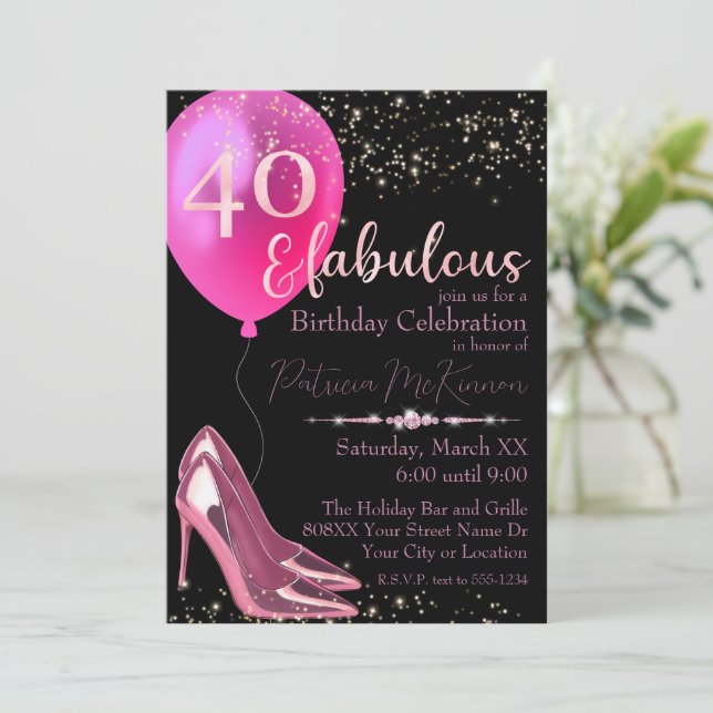Convite de Aniversário de 40 anos com Stilettos Ro (Em pé/Frente)