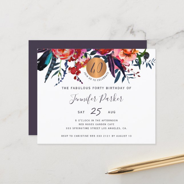 Convite de aniversário de 40 anos com tema floral  (Frente/Verso In Situ)