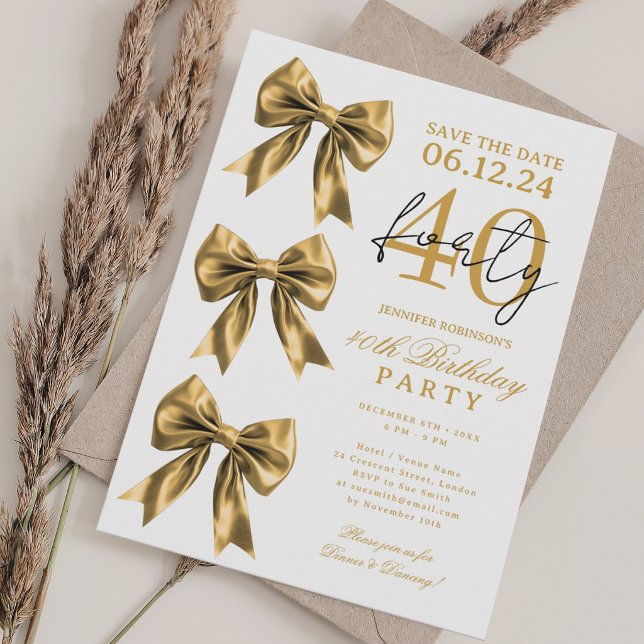 Convite de Aniversário de 40 Anos Coquette Dourado (Gold Coquette Bow Save Date 40th Birthday Party Invitation)
