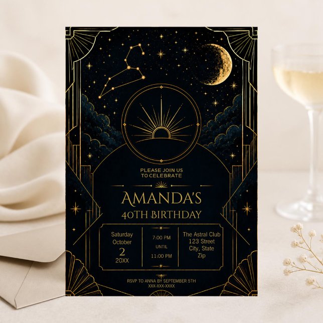 Convite de Aniversário de 40 anos de Leão | Zodíac (Dark Art Deco Leo zodiac 40th birthday invitation with celestial details and elegant moody styling)