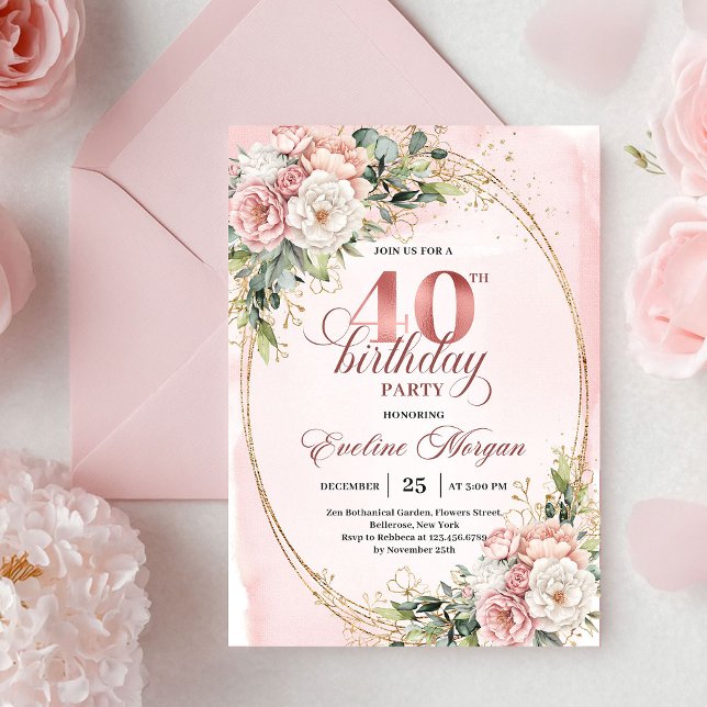 Convite de Aniversário de 40 anos Elegante Boho Bl (Elegant Boho Blush Floral 40th Birthday Invitation)