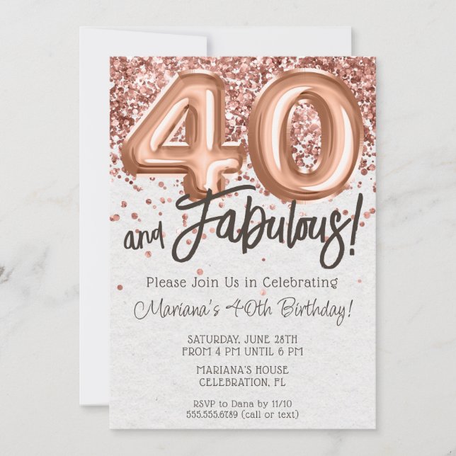 Convite de Aniversário de 40 anos em Rose Gold (Frente)