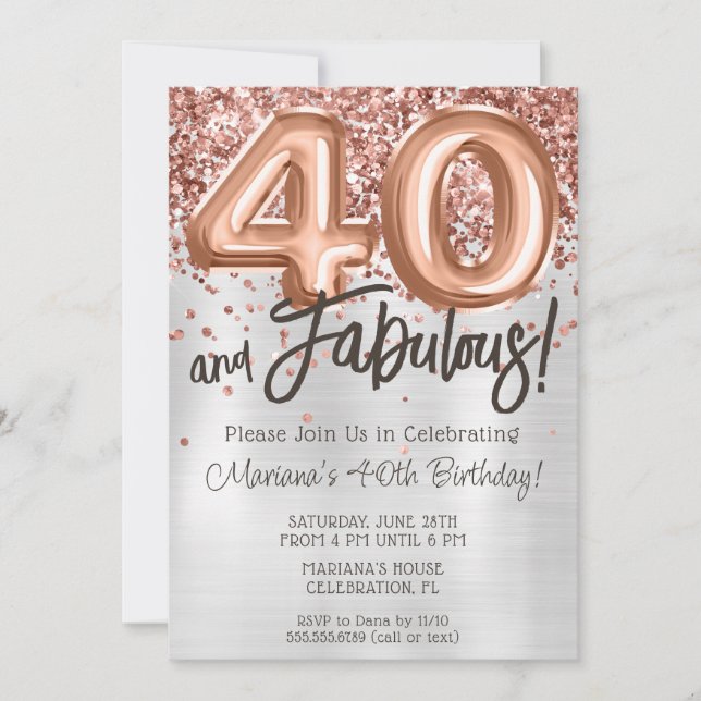 Convite de Aniversário de 40 anos em Rose Gold Pra (Frente)