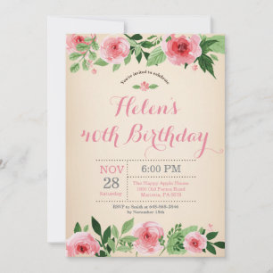 Convite de Aniversário de 40 anos Floral Aquarela 