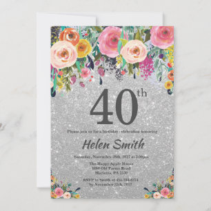 Convite de Aniversário de 40 anos Floral com Brilh