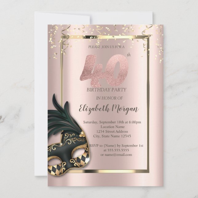 Convite de Aniversário de 40 Anos Masque Rose Gold (Frente)