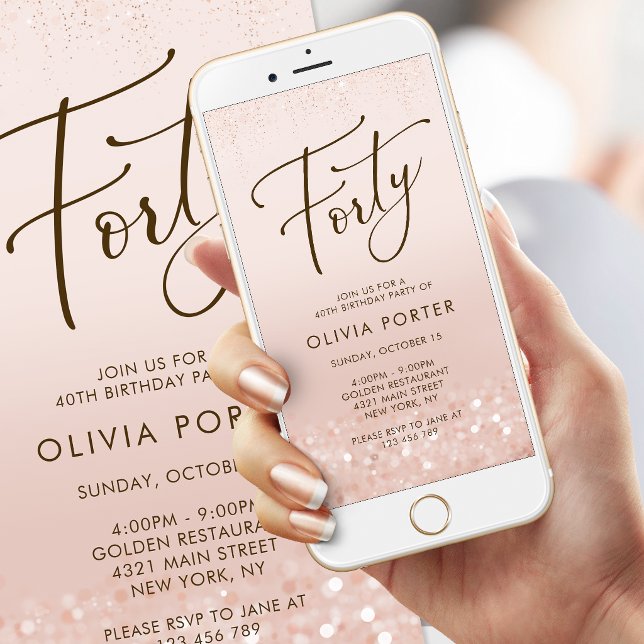 Convite de Aniversário de 40 anos para Celular com (Rose Gold Glitter 40th Birthday Mobile Invite)