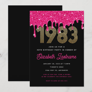 Convite de Aniversário de 40 anos Pink Glitter Dri