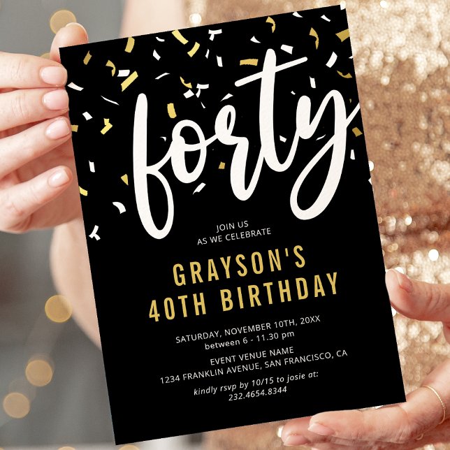 Convite de Aniversário de 40 Anos Preto com Confet (Criador carregado)