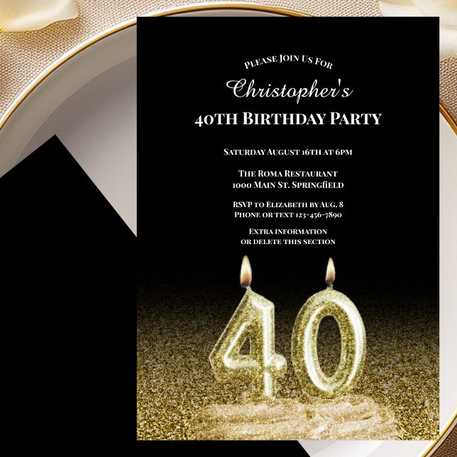 Convite de Aniversário de 40 anos Preto e Dourado  (Criador carregado)