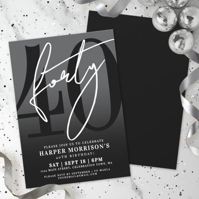 Convite de Aniversário de 40 Anos Preto Moderno (Modern Black 40th Birthday Party Invitation)