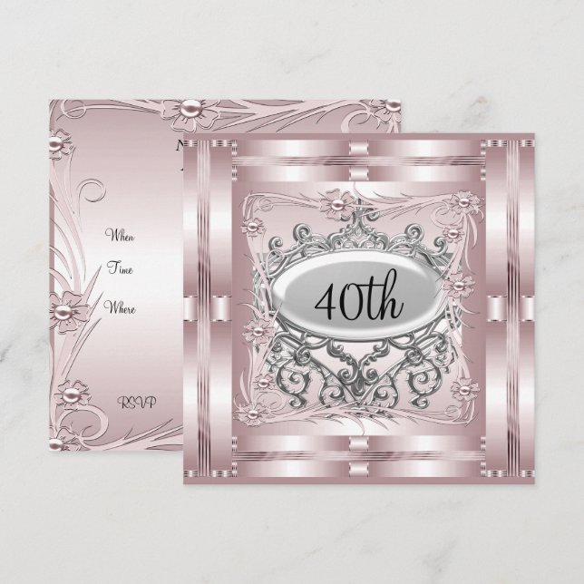 Convite de Aniversário de 40 anos Rosa (Frente/Verso)