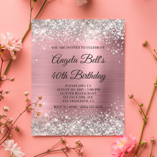 Convite de Aniversário de 40 anos Rosa com Brilho 