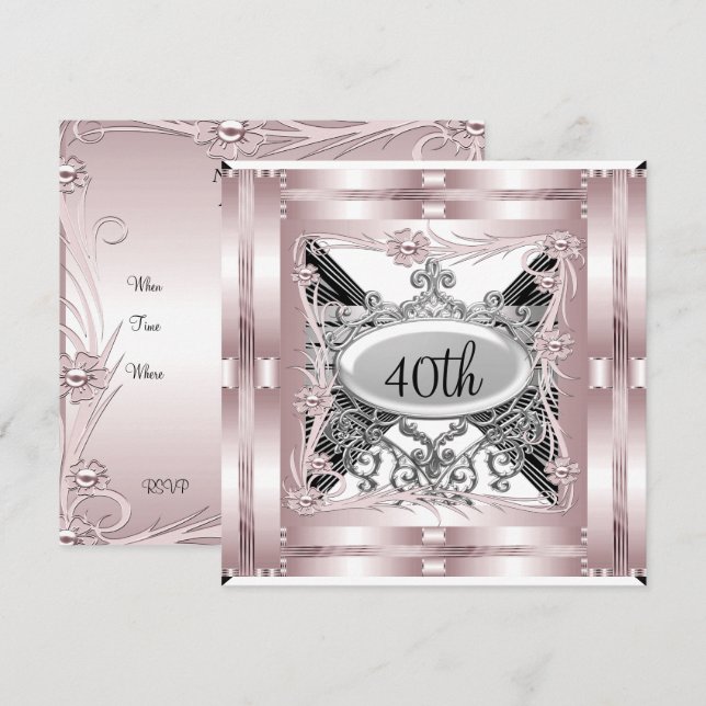 Convite de Aniversário de 40 anos Rosa para Qualqu (Frente/Verso)