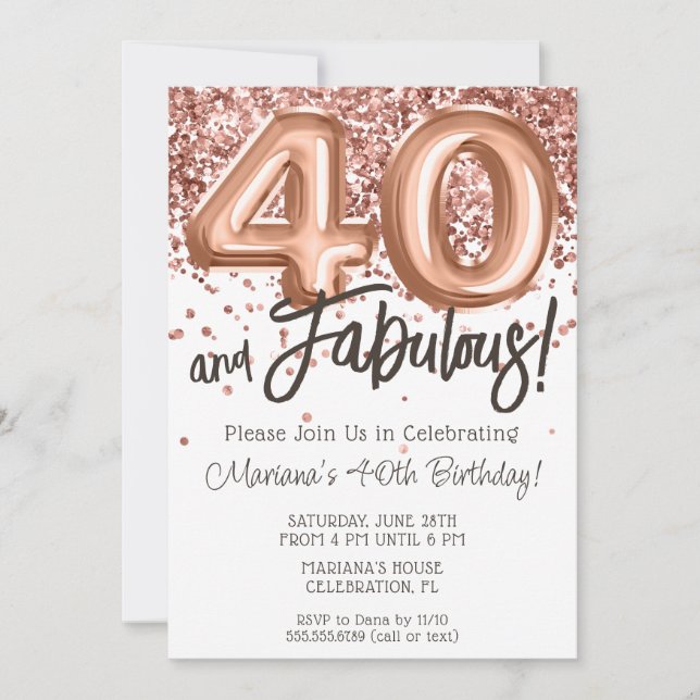 Convite de Aniversário de 40 anos Rose Gold (Frente)