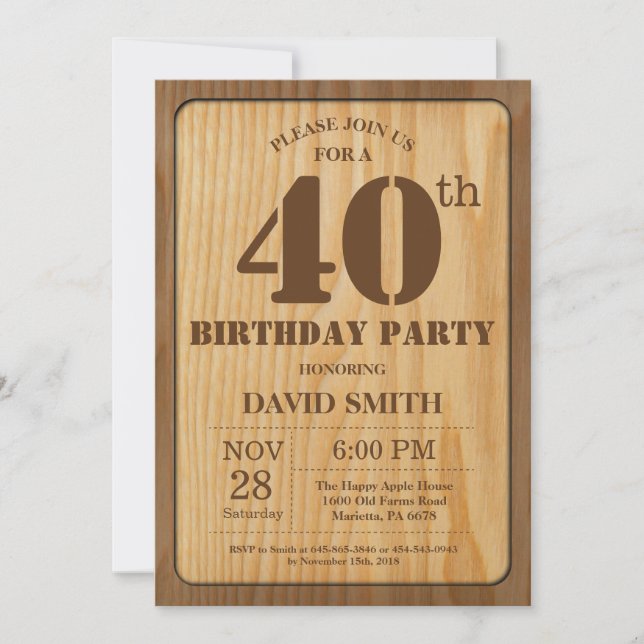 Convite de Aniversário de 40 anos Rústico Madeira  (Frente)