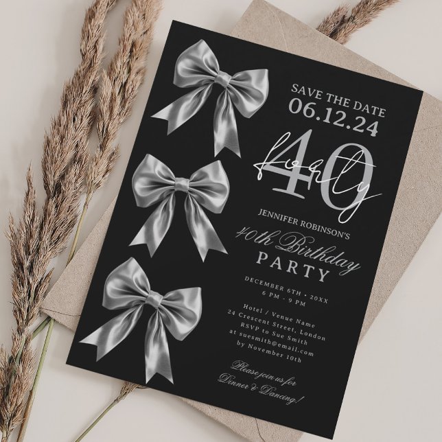 Convite de Aniversário de 40 anos Silver Coquette  (Silver Coquette Bow Save Date 40th Birthday Black Invitation)