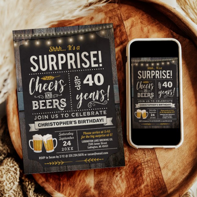 Convite de Aniversário de 40 anos Surpresa de Apla (Surprise Cheers and Beers 40th Birthday Invitation)