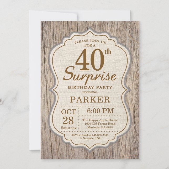 Convite de Aniversário de 40 anos Surpresa Rústica (Frente)
