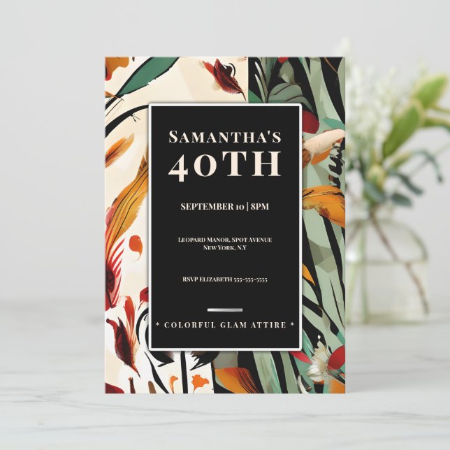Convite de Aniversário de 40 anos Tropical Glam Co (Em pé/Frente)