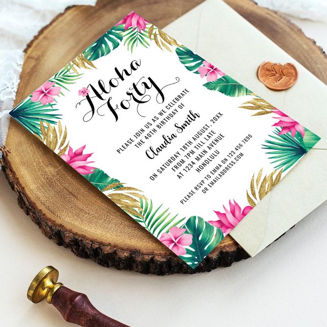 Convite de aniversário de 40 anos Tropical Rosa (Criador carregado)