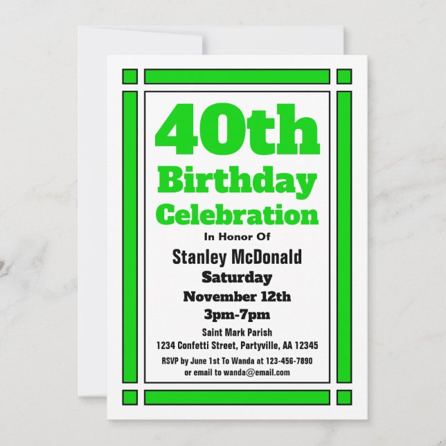 Convite de Aniversário de 40 anos Verde (Frente)