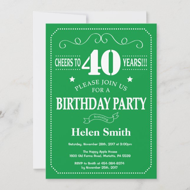 Convite de Aniversário de 40 Anos Verde e Branco (Frente)