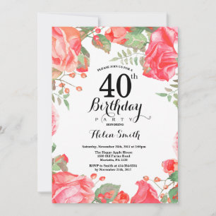Convite de Aniversário de 40 anos Vermelho Floral