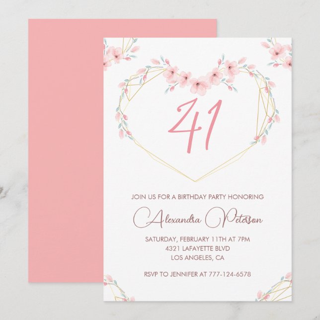 Convite de aniversário de 41 anos em floral boho c (Frente/Verso)