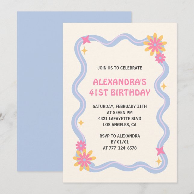 Convite de aniversário de 41 anos Flores Azuis Ret (Frente/Verso)