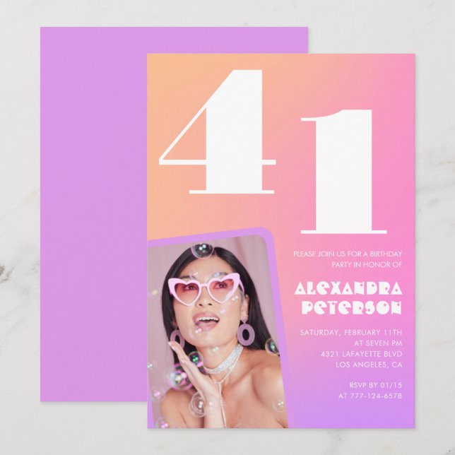 Convite de aniversário de 41 ruas Gradient Rosa Fo (Frente/Verso)