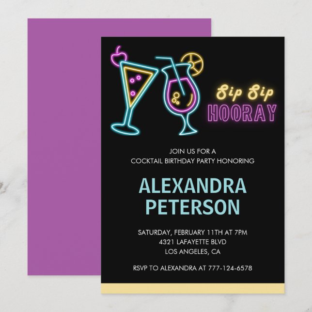 Convite de Aniversário de 42 anos Neon Glow Cockta (Frente/Verso)