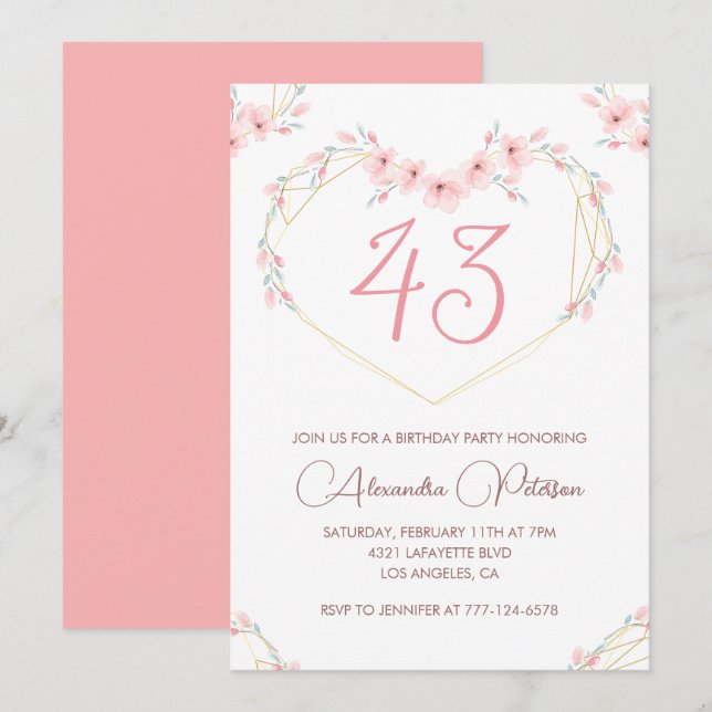 Convite de aniversário de 43 anos em floral boho c (Frente/Verso)