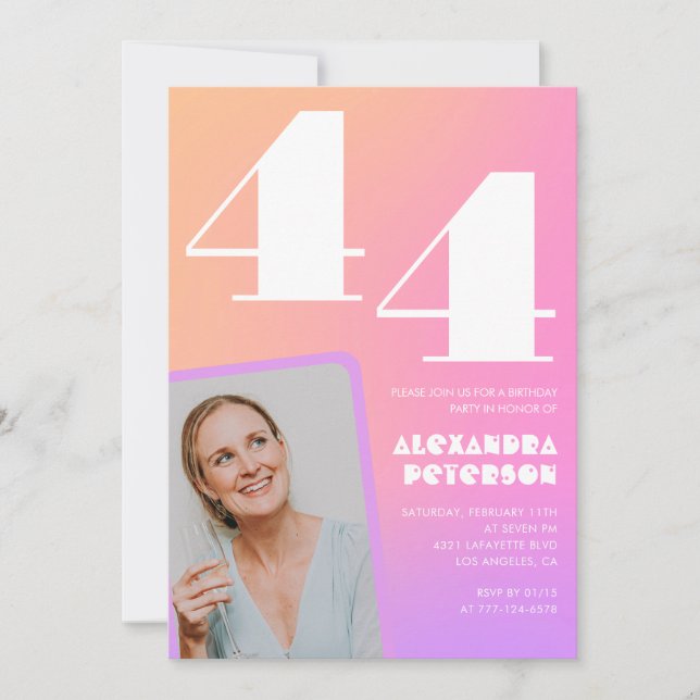 Convite de aniversário de 44 anos com gradiente ro (Frente)