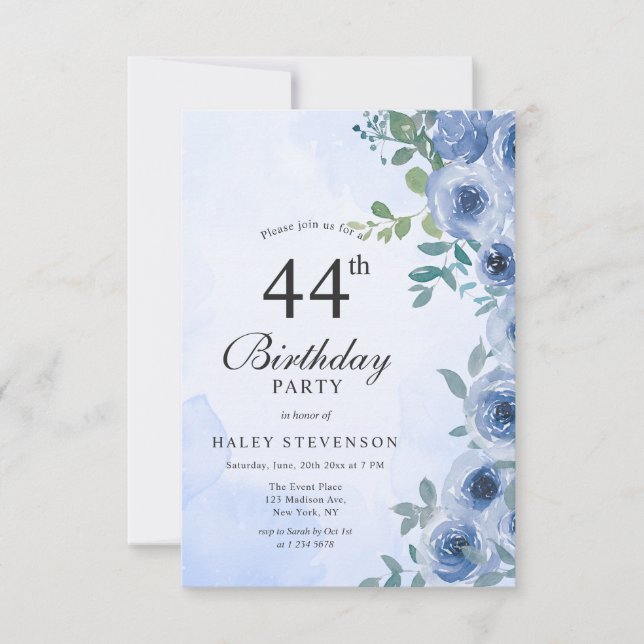 Convite de Aniversário de 44 Anos Dusty Blue Water (Frente)