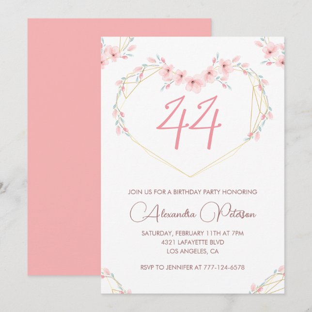 Convite de aniversário de 44 anos em floral boho c (Frente/Verso)