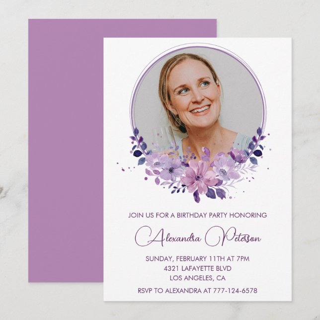 Convite de aniversário de 45 anos Foto Boho roxo e (Frente/Verso)