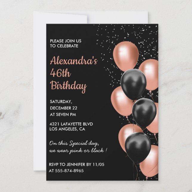 Convite de aniversário de 46 anos Black Rose gold  (Frente)