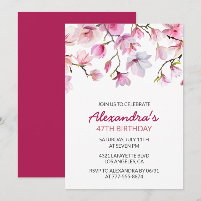 Convite de aniversário de 47 anos com floral de aq (Frente/Verso)